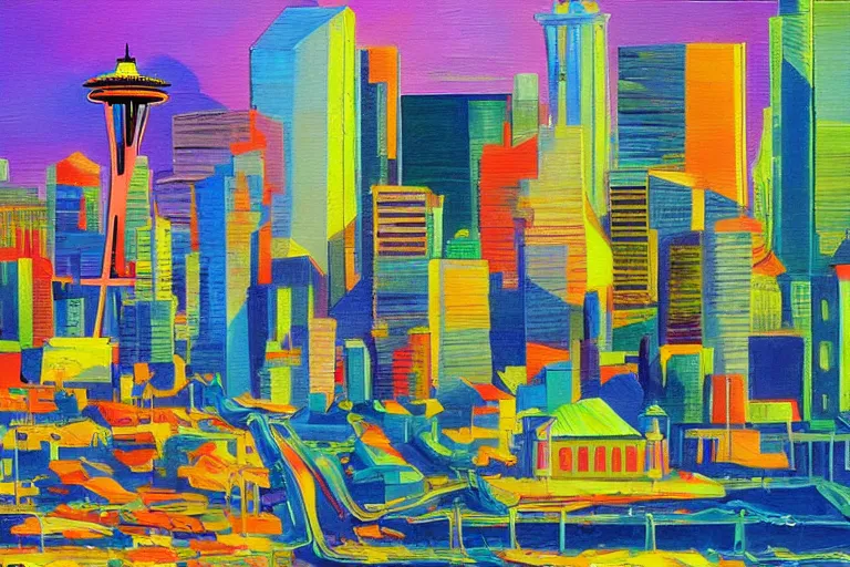 Image similar to !! oil painting!! seattle in a sunny day, artwork by tooth wu, colorful contrast,!!!! very coherent!!!!, dark shadow, thick lineart