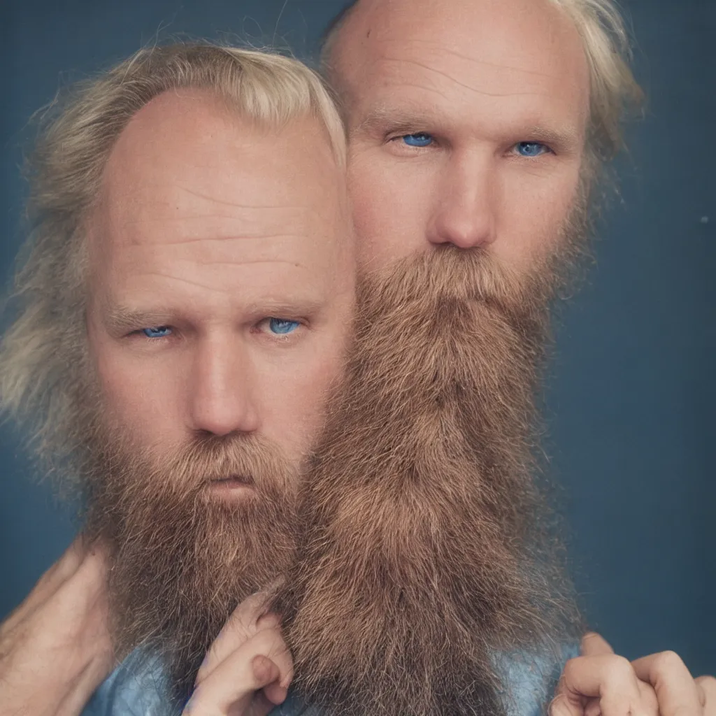 Image similar to color 35mm film still of a balding, middle aged blond man with a full blond beard and dark blue eyes, figure portrait