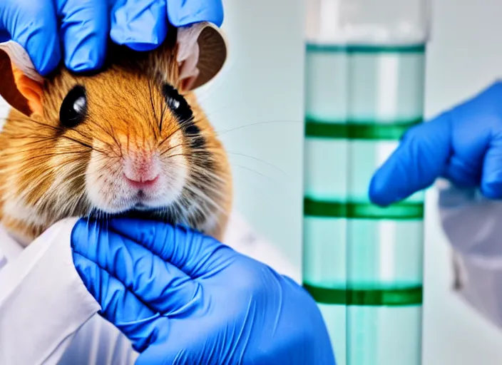 Image similar to film still of a hamster working in a research lab filling test tubes, 8 k