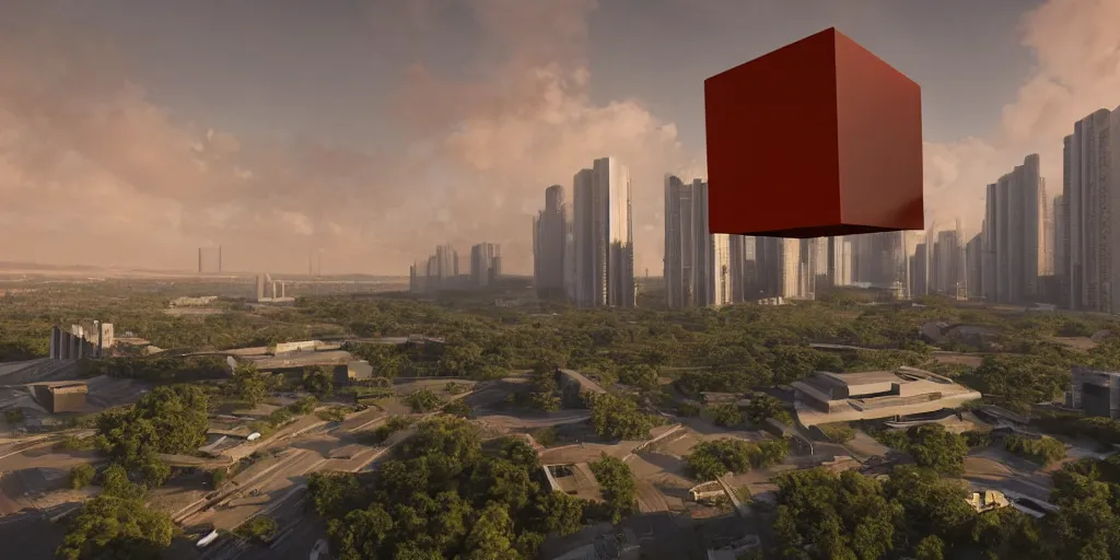 Prompt: highly detailed futuristic huge cube with red and orange glow, on the background brutalist architecture by Le Corbusier, abandoned buildings, empty streetscapes, surrounded by lush green vegetation, ground-level view, puddles of water, stunning volumetric lighting, sunset, trending on Artstation, 8k, photorealistic, hyper detailed, unreal engine 5, cinematic, epic lighting, cryengine, octane render, cyberpunk, dark, gloomy