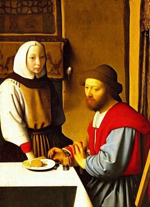 Image similar to Young man sitting at the table with young pretty blonde girl at the crowded inn. Medieval painting by Jan van Eyck, Johannes Vermeer, Florence