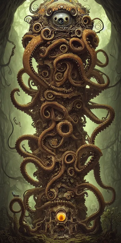 Image similar to biomechanical creature with big octopus head and (glowing) eyes guarding an ancient chest in a mystic forest, gothic and baroque, brutalist architecture, ultradetailed, Intricate by Ellen Jewett and Josan Gonzalez and Giuseppe Arcimboldo