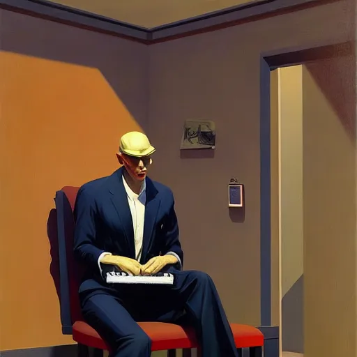 Image similar to Portrait of a man wearing a business hacking computers, very coherent, painted by Edward Hopper, Wayne Barlowe, painted by James Gilleard, airbrush, art by JamesJean