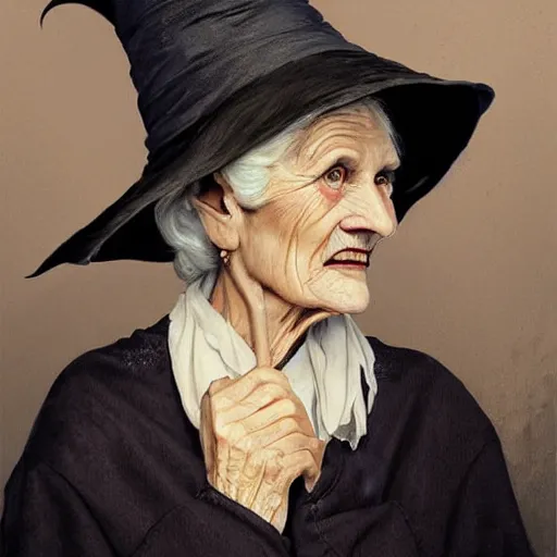 Prompt: granny weatherwax, an old lady, a witch, with a sharp face and a piercing expression. she is wearing a tall black pointed witch hat. beautiful painting with highly detailed face by greg rutkowski and raymond swanland