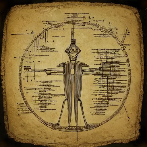 Prompt: ancient technical schematics, on parchment, by leonardo da vinci of a highly advanced futuristic robot