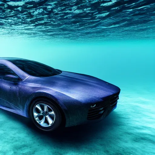 Image similar to hyperrealistic photo of a car underwater, 4 k, 8 k, thin film, full shot