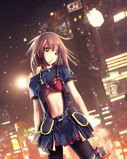 Image similar to full body portrait of anime girl in mechanic armor in night tokyo by makoto sinkai, perfect face, fine details