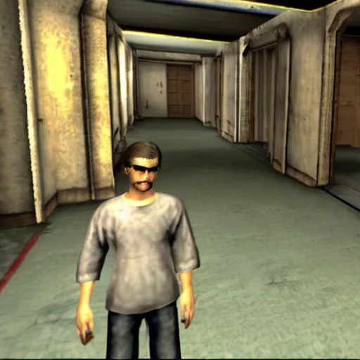 Image similar to game screenshot of Ted Kaczynski inside Ico, ps2 graphics