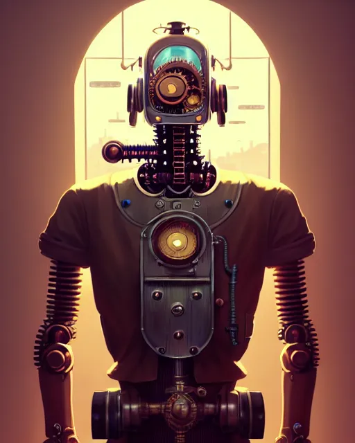 Image similar to hyper - realistic portrait of a steampunk robot, gta v cover art, celshading, sharp focus, intricate, detailed, rhads, andreas rocha, makoto shinkai, lois van baarle, ilya kuvshinov, greg rutkowski, dynamic lighting, grunge aesthetic, 4 k