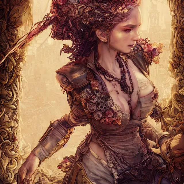 Image similar to the portrait of chaotic neutral female rogue as absurdly beautiful, gorgeous, elegant, innocent young woman, an ultrafine hyperdetailed illustration by kim jung gi, irakli nadar, intricate linework, bright colors, octopath traveler, final fantasy, unreal engine 5 highly rendered, global illumination, radiant light, detailed and intricate environment