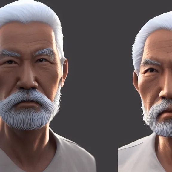 Image similar to a portrait of a shiny glowing heavenly asian elderly man with white beard, night, 8 k, octane render, artstation, digital art.