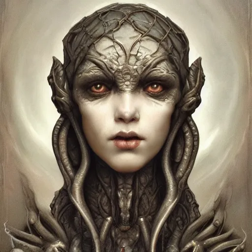 Image similar to by Tom Bagshaw, ultra realist soft painting of lovecraft universe of curiosities, single female Cthulhu mutation in ornated gothic armor, partial symmetry accurate features, very intricate details, focus, curvy, award winning, ultra dense fog