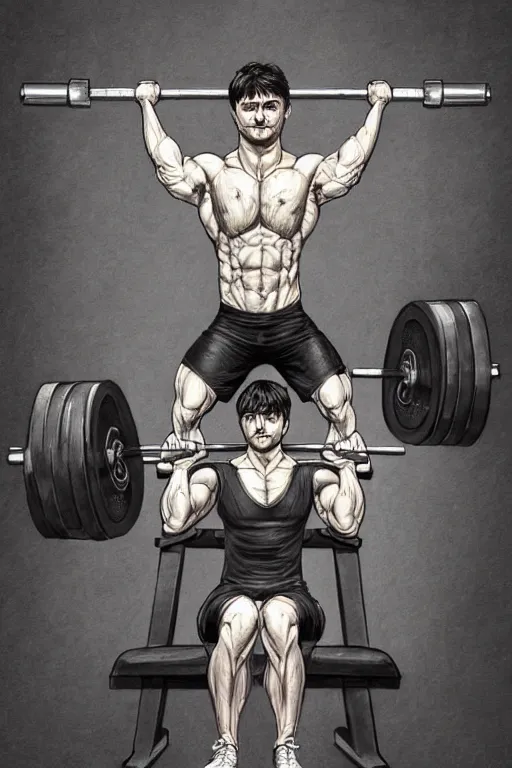 Image similar to highly detailed rendering of Daniel Radcliffe as Harry Potter doing barbell back squats, dingy workout gym, wearing a muscle tee shirt, muscular deep squats, symmetrical, highly detailed, digital painting, artstation, concept art, smooth, sharp focus, illustration, cinematic lighting, art by artgerm and greg rutkowski and alphonse mucha