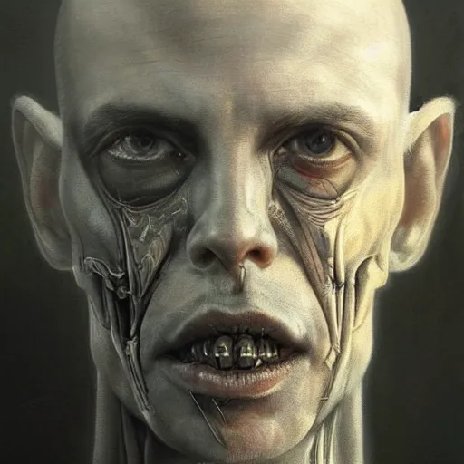 Prompt: surreal portrait of a man by Greg Rutkowski and H.R Giger, cyborg of indeterminate age, symmetrical, bald, haunting appearance, pale as marble, biomechanical and intricate, empty and uncany expression, cosmic void background, frightening, fascinating, highly detailed portrait, digital painting, artstation, concept art, smooth, sharp foccus ilustration, Artstation HQ.