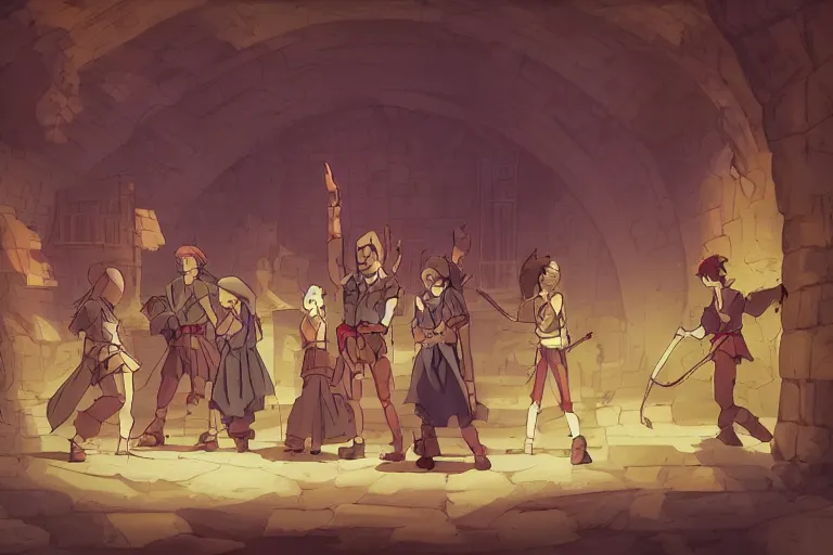 Image similar to cell shaded key visual of a group of adventurers in a dungeon, dramatic lighting, in the style of studio ghibli, moebius, makoto shinkai,