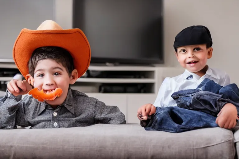 Prompt: a kid with horse head using shirt and pants and a hat while its watching tv