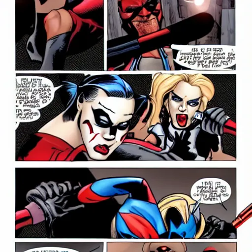 Image similar to harley quinn hitting batman on the head with a baseball bat