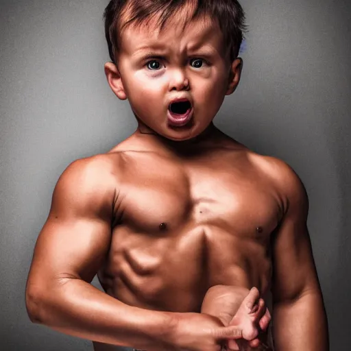 Image similar to a baby on steroids flexing, intense expression, epic, high detail, high contrast