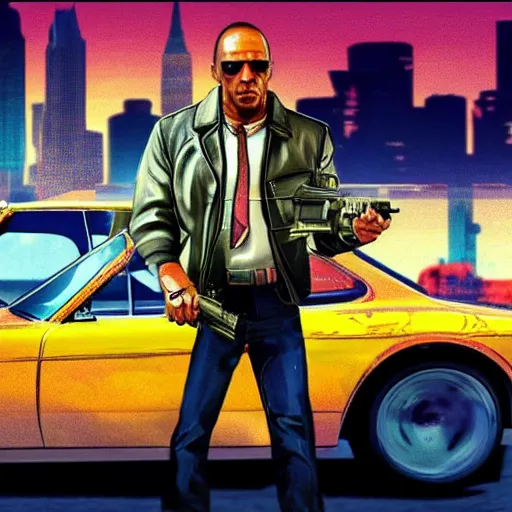 Prompt: the rock wearing sunglasses WWF driving motorcycle shooting an uzi in the style of GTA 4 high detail grand theft auto IV synthwave