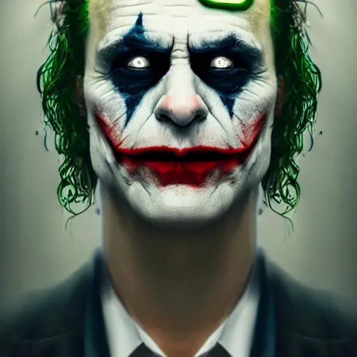 Image similar to cinematic portrait of steve burns as the joker, perfect face, neon rain, moody, elegant, by alyssa monks, highly detailed, symmetrical face, fine details, masterpiece, trending on artstation