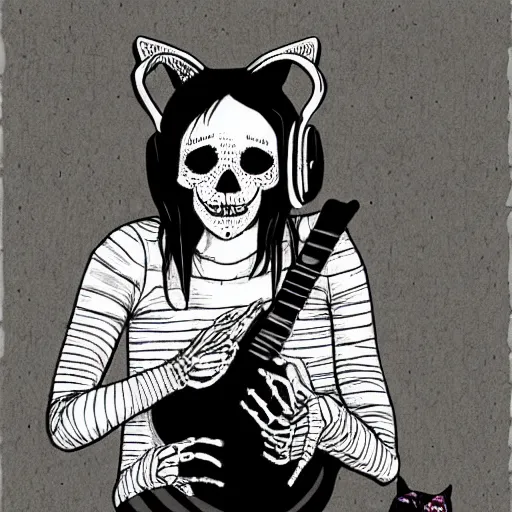 Image similar to skeleton wearing headphones watching girl playing guitar with her black cat standing next to her, digital art