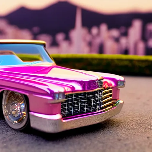 Prompt: 3 5 mm photo of metallic pink cadillac like hot wheels model with san francisco as background, epic cinematic, epic lighting