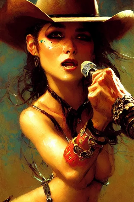 Prompt: small shark woman who is also a drunk cowboy singing karaoke portrait dnd, painting by gaston bussiere, craig mullins, greg rutkowski, yoji shinkawa