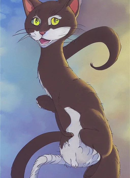 Image similar to official digital painting artwork of a cat character by don bluth, ross tran and studio ghibli.