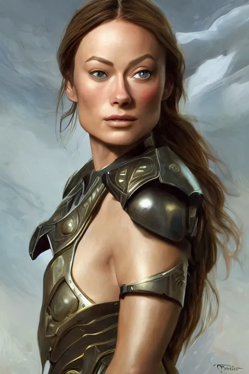 Image similar to a professional painting of a young Olivia Wilde, clothes in military armor, olive skin, long dark hair, beautiful bone structure, symmetrical facial features, intricate, elegant, digital painting, concept art, smooth, sharp focus, illustration, from StarCraft by Ruan Jia and Mandy Jurgens and Artgerm and William-Adolphe Bouguerea