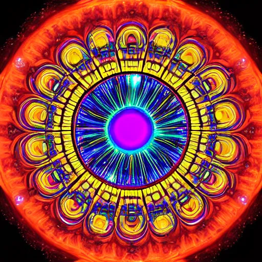 Prompt: cyberpunk neon colored blackhole mandala eye art, galaxy lineart, symmetrical mandala art