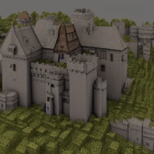 Image similar to a computer generated image of a medieval castle, an ambient occlusion render by Nicomachus of Thebes, polycount, mingei, prerendered graphics, voxel art, ambient occlusion