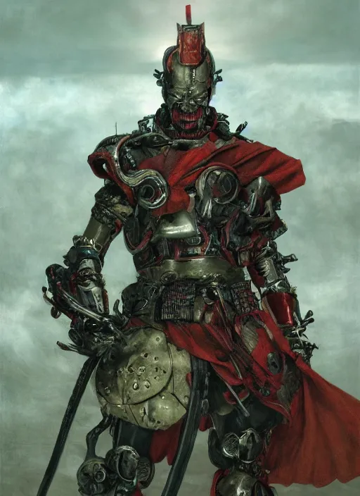 Image similar to portrait of a diabolical cyborg clown samurai, torn cape, adaptive armor, dynamic pose, heavy eyes to the side, ancient ruins, glowing veins subsurface scattering, in clouds, sunset, portrait, by gerald brom, by mikhail vrubel, by peter elson, muted colors, extreme detail, reflections, trending on artstation, 8 k