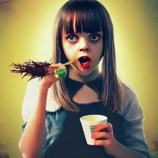 Image similar to young vampire christina ricci eating a clove of garlic, art by beeple