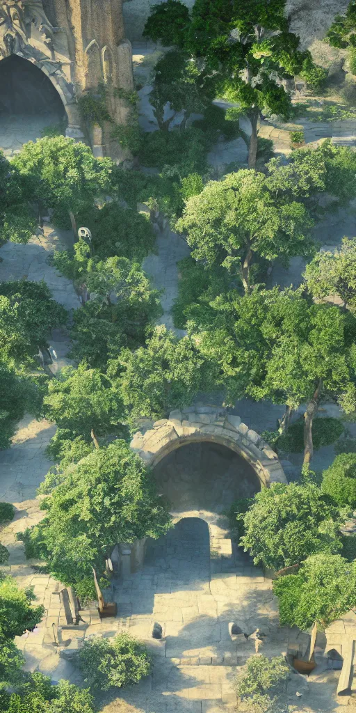 Image similar to the city of santa barbara, large ornated stone portal, beautiful composition, nature, green trees, high angle, rays of light, light dust, octane render, unreal engine, photography, 8 k