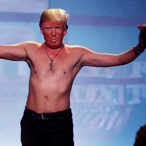 Prompt: Donald Trump shirtless, drumming on stage like a rockstar