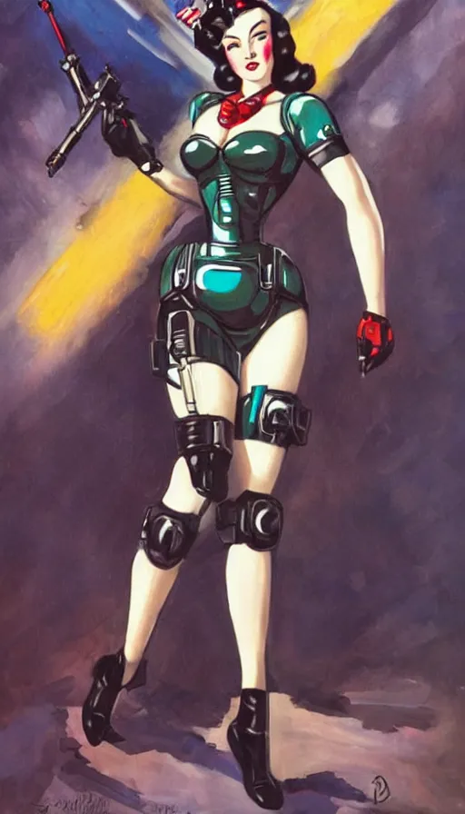 Prompt: full body cyberpunk beautiful woman in the style of a 1 9 4 0 s oil painted pin - up, on a gundam