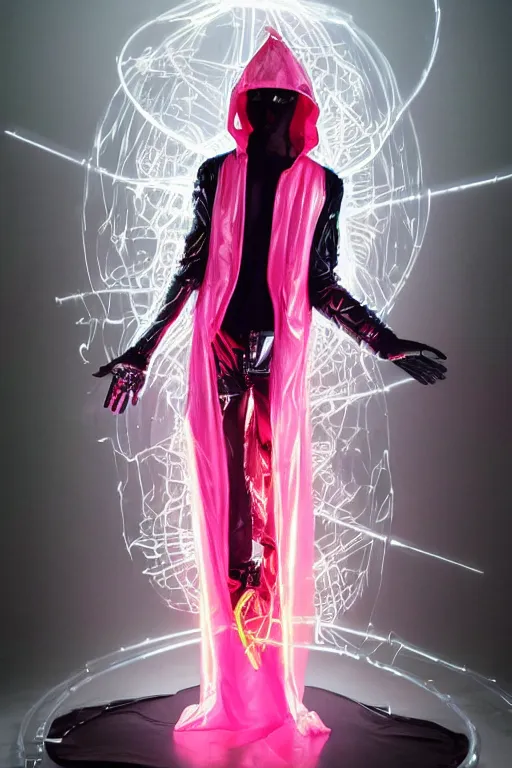 Image similar to full-body baroque and cyberpunk style neon statue of a attractive pale Zayn Malik as a humanoid diety wearing a thin see-through plastic hooded cloak sim roupa, posing like a superhero, glowing peach face, crown of pink lasers, large diamonds, swirling black silk fabric. futuristic elements. oozing glowing liquid, full-length view. space robots. human skulls. throne made of bones, intricate artwork by caravaggio. Trending on artstation, octane render, cinematic lighting from the right, hyper realism, octane render, 8k, depth of field, 3D