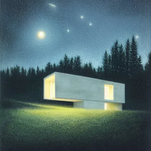 Prompt: atmospheric cozy futuristic organic white concrete house in the middle of a lush and dense forest at night, a beautiful lake next to it, night time, night sky, starry night sky, by Quint Buchholz