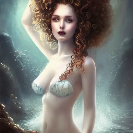 Prompt: beautiful mermaid with curly hair, magical details, magical atmosphere, cinematic lighting, hyper - detailed, cgsociety, 8 k, high resolution, in the style of charlie bowater, tom bagshaw, alexis franklin, elena masci, pawel rebisz