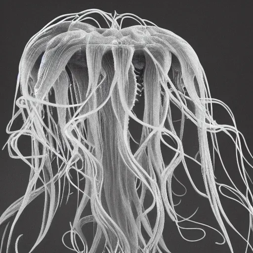 Image similar to cute fumo plush of an eldritch jellyfish girl with hundreds of tendrils, cute, vray render with caustics, black and white