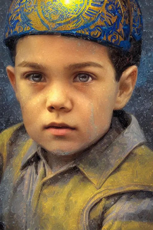 Image similar to little boy, close - up portrait, the portrait is decorated with blue and gold art deco patterns, powerfull, intricate, elegant, volumetric lighting, scenery, digital painting, highly detailed, artstation, sharp focus, illustration, concept art, ruan jia, steve mccurry