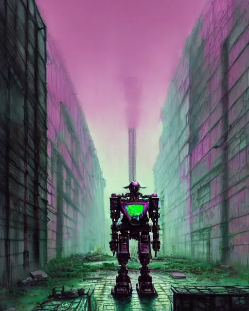 Image similar to hyperrealistic hyperdetailed punk mecha iridescent pink coming out of dystopian city ruins concept art santiago caruso de chirico sharp very dramatic green light 8k low angle shallow depth of field