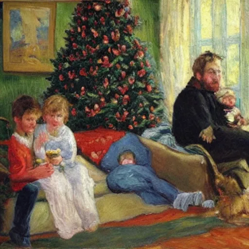 Image similar to “an impressionist painting of a family sitting in the foreground there’s a beautiful woman with a symmetric face with two young children on her lap, a boy and a girl. There’s a Christmas tree and a log fire burning in the background. On the sofa in the background a scruffy homeless man sleeping.”