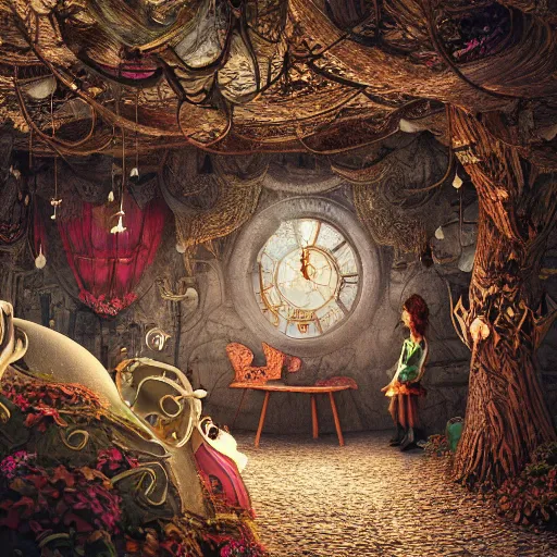 Image similar to alice in wonderland 3 d, mistic atmosphere, scarry, octane render, intricate, hyper detailed, morning light, well rendered