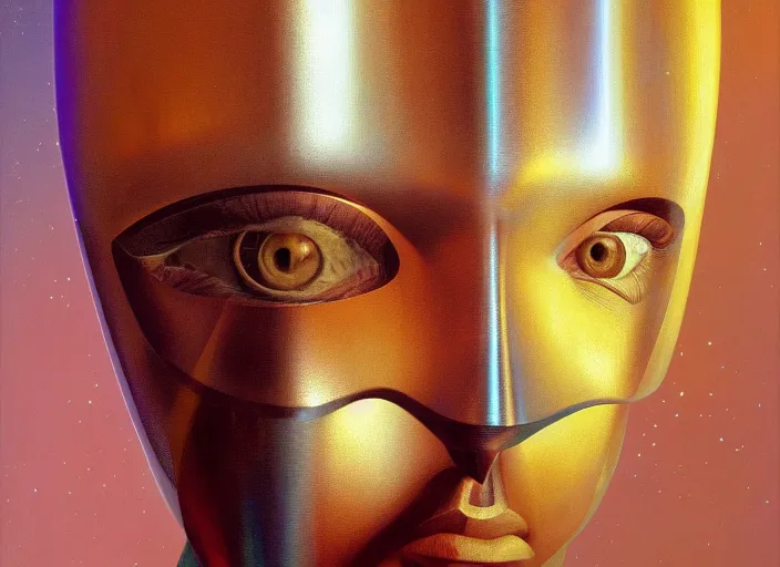 Image similar to a portrait headshot of sci fi metallic human, bright eyes, melancholic complex geometric figure liminal biomachinery by oskar schlemmer, moebius, john berkey, film grain, oil on canvas, portrait facial head, featured on artstation, hd wallpaper, 8 k, bright colors, global radiant light