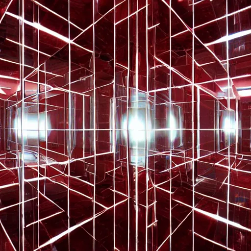 Prompt: chrome spheres on a red cube, infinite hall of mirrors