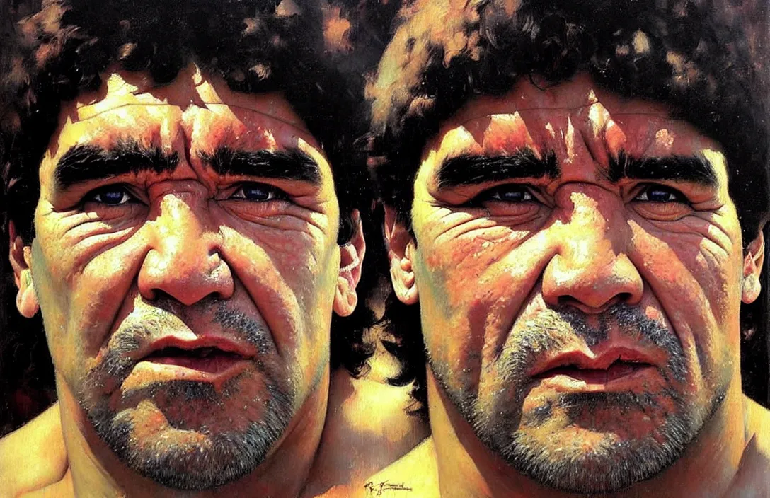 Image similar to portrait of diego maradona!!!!!!!!!!!!!!!!!!!!!!!!!!!, detailed face, detailed painting, epic lighting, by ilya repin, phil hale and kent williams