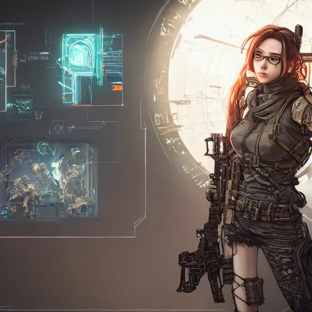 Image similar to the portrait of lawful neutral female cyberpunk infantry sniper as absurdly beautiful, gorgeous, elegant, young woman looking up, an ultrafine hyperdetailed illustration by kim jung gi, irakli nadar, intricate linework, bright colors, octopath traveler, final fantasy, unreal engine 5 highly rendered, global illumination, radiant light, detailed and intricate environment