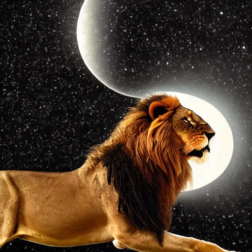 Prompt: lion runnning over the moon