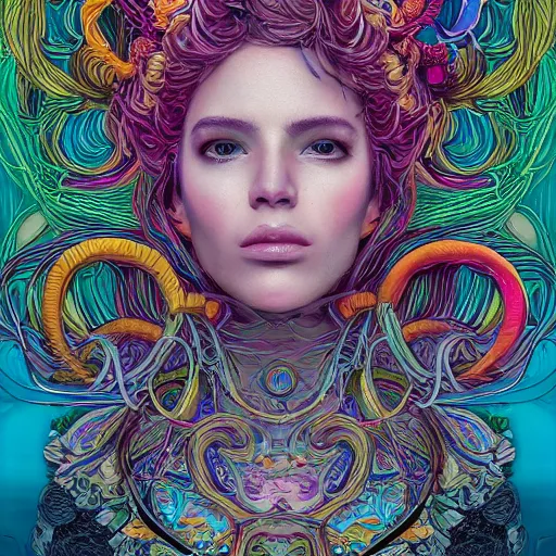 Image similar to the portrait of a ridiculously beautiful and elegant woman partially made of onion rings of all colors, an ultrafine detailed illustration by james jean, final fantasy, intricate linework, bright colors, behance contest winner, vanitas, angular, altermodern, unreal engine 5 highly rendered, global illumination, radiant light, detailed and intricate environment